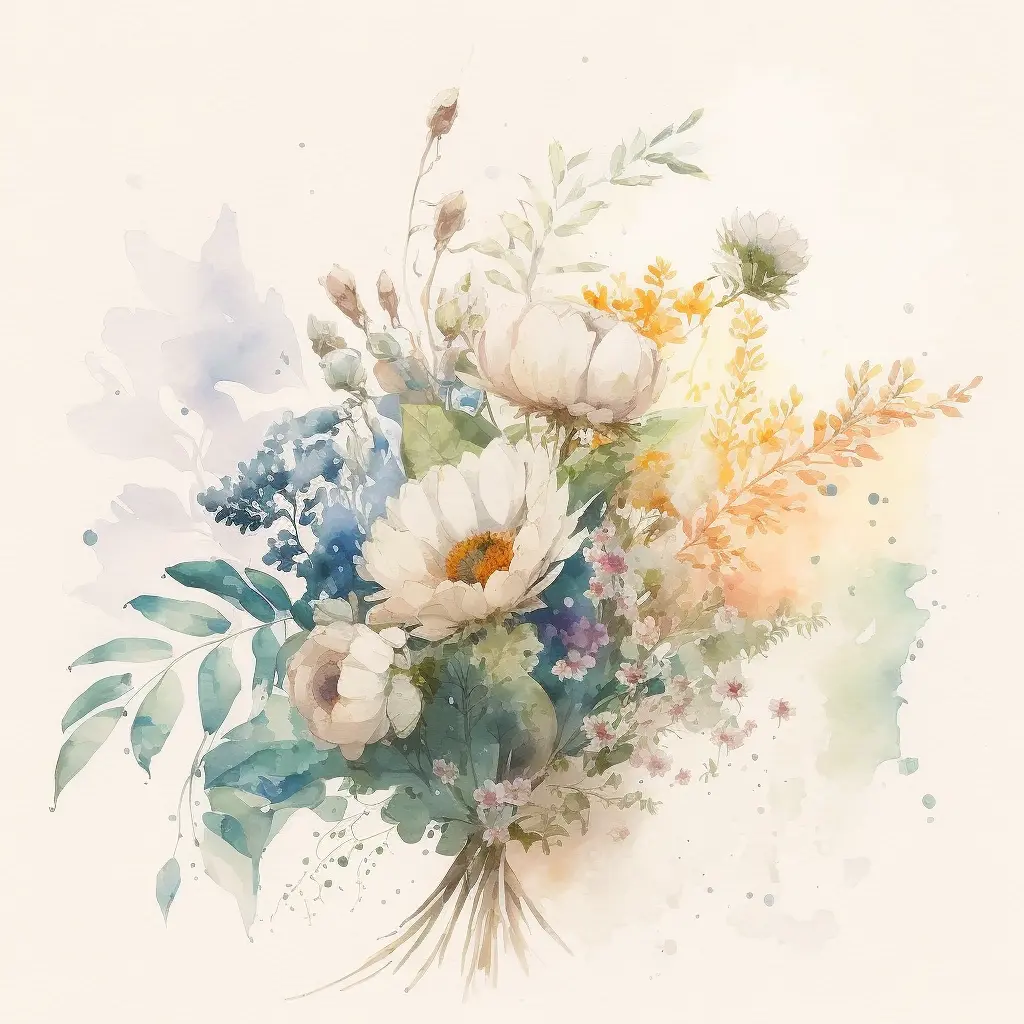 light watercolor, a bouquet of flowers, bright, white background, few details, dreamy, Studio Ghibli
